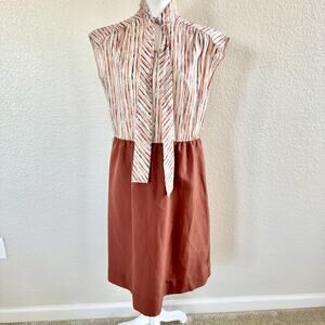 70s Lynn Davis Sz 14 Rust Red Midi Dress Tie Neck Striped Secretary Boho Retro